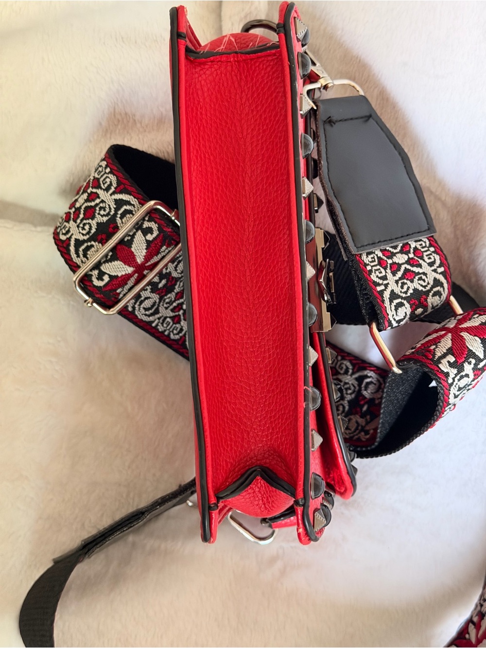 MERSI Red Studded Leather Crossbody Bag with Decorative Strap - Picture 4 of 8